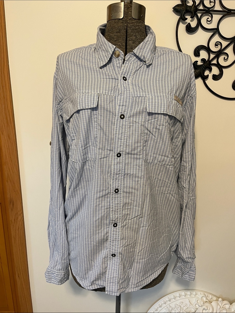 ExOfficio insect shield Men's Light Blue Checked Long-Sleeve Button-Down Shirt M